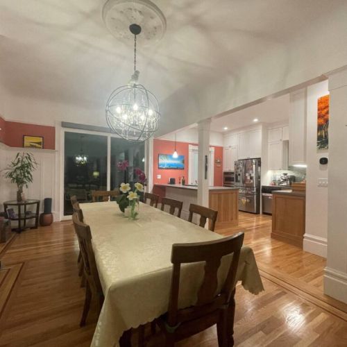 In 2021, our kitchen and dining room was just renovated down to the studs.  It has a new, modern, open feel, yet still retains the style and charm of an old Edwardian.  We have a fully-stocked kitchen, with brand new stove, oven, fridge, and high-end cabinets.