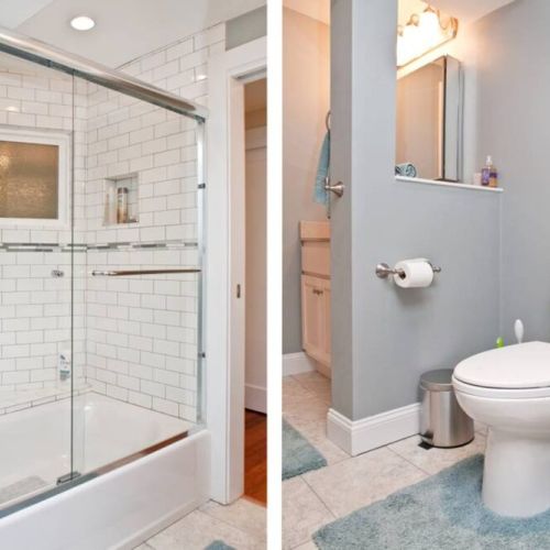 Full bathroom, including soap, shampoo, conditioner, hair dryer, misc toiletries