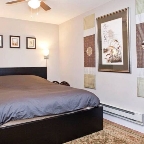 Bedroom includes queen size bed, dresser, night tables, and closet.
