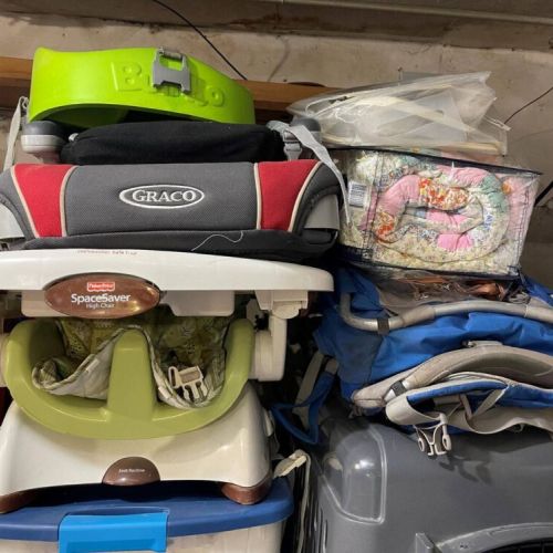 Our kids are older now, but we've kept our baby stuff just for you (in the garage), including high chair, booster, an awesome baby-backpack, a Baby Jogger City Mini stroller (not pictured), and a Baby Bjorn travel crib (not pictured).
