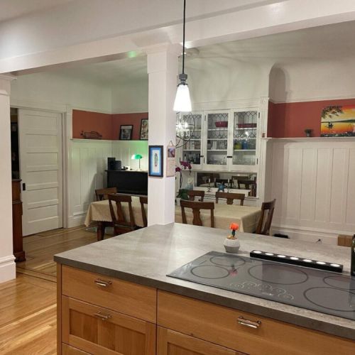 In 2021, our kitchen and dining room was just renovated down to the studs.  It has a new, modern, open feel, yet still retains the style and charm of an old Edwardian.  We have a fully-stocked kitchen, with brand new stove, oven, fridge, and high-end cabinets.