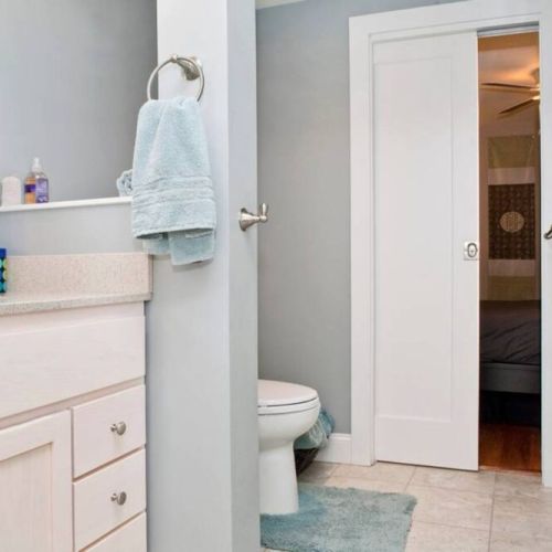 Full bathroom, including soap, shampoo, conditioner, hair dryer, misc toiletries