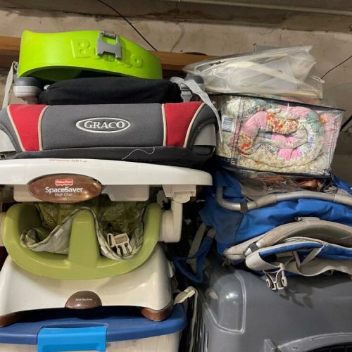 Our kids are older now, but we've kept our baby stuff just for you (in the garage), including high chair, booster, an awesome baby-backpack, a Baby Jogger City Mini stroller (not pictured), and a Baby Bjorn travel crib (not pictured).