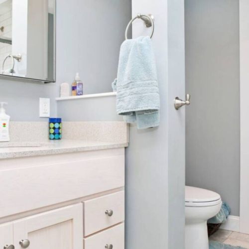 Full bathroom, including soap, shampoo, conditioner, hair dryer, misc toiletries