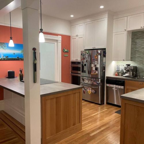 In 2021, our kitchen and dining room was just renovated down to the studs.  It has a new, modern, open feel, yet still retains the style and charm of an old Edwardian.  We have a fully-stocked kitchen, with brand new stove, oven, fridge, and high-end cabinets.